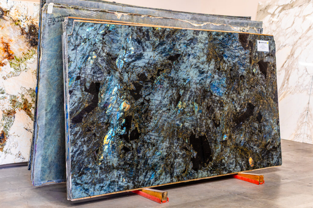 Slabs of Lemurian, a semi-precious stone slab, in the showroom of Granite Expo in Las Vegas