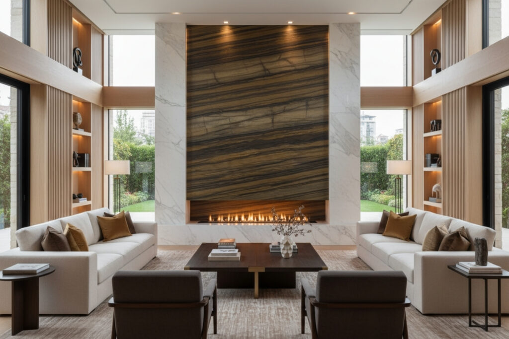 Sandalous Quartzite on a fireplace. Sandalous Quartzite available at the Granite Expo Las Vegas slab gallery