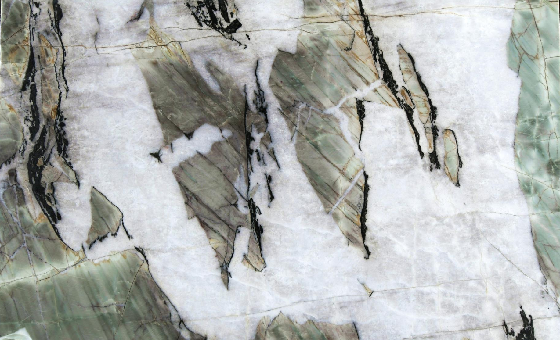 Botanic Crystal translucent quartzite slab — luminous white crystal base with sweeping sage-green mineral formations, bold black intrusions, and amber gold veining, hand-selected by Granite Expo LV